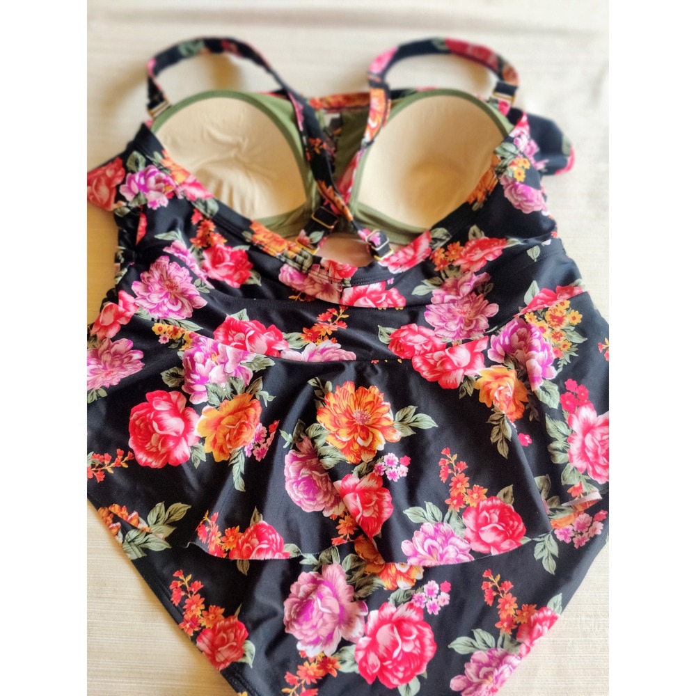 Terra Sky Swimsuit Women 1X Black Pink Floral Peplum One Piece Tropical Boho - Picture 4 of 6
